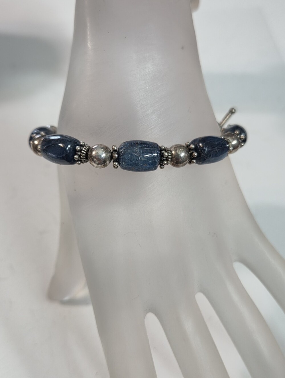 sterling silver kyanite bracelet 925 spacers clasp 7in barrel stone blue silver